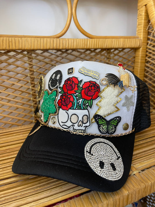 ONE OF A KIND PATCH TRUCKER HAT | Flower Skull