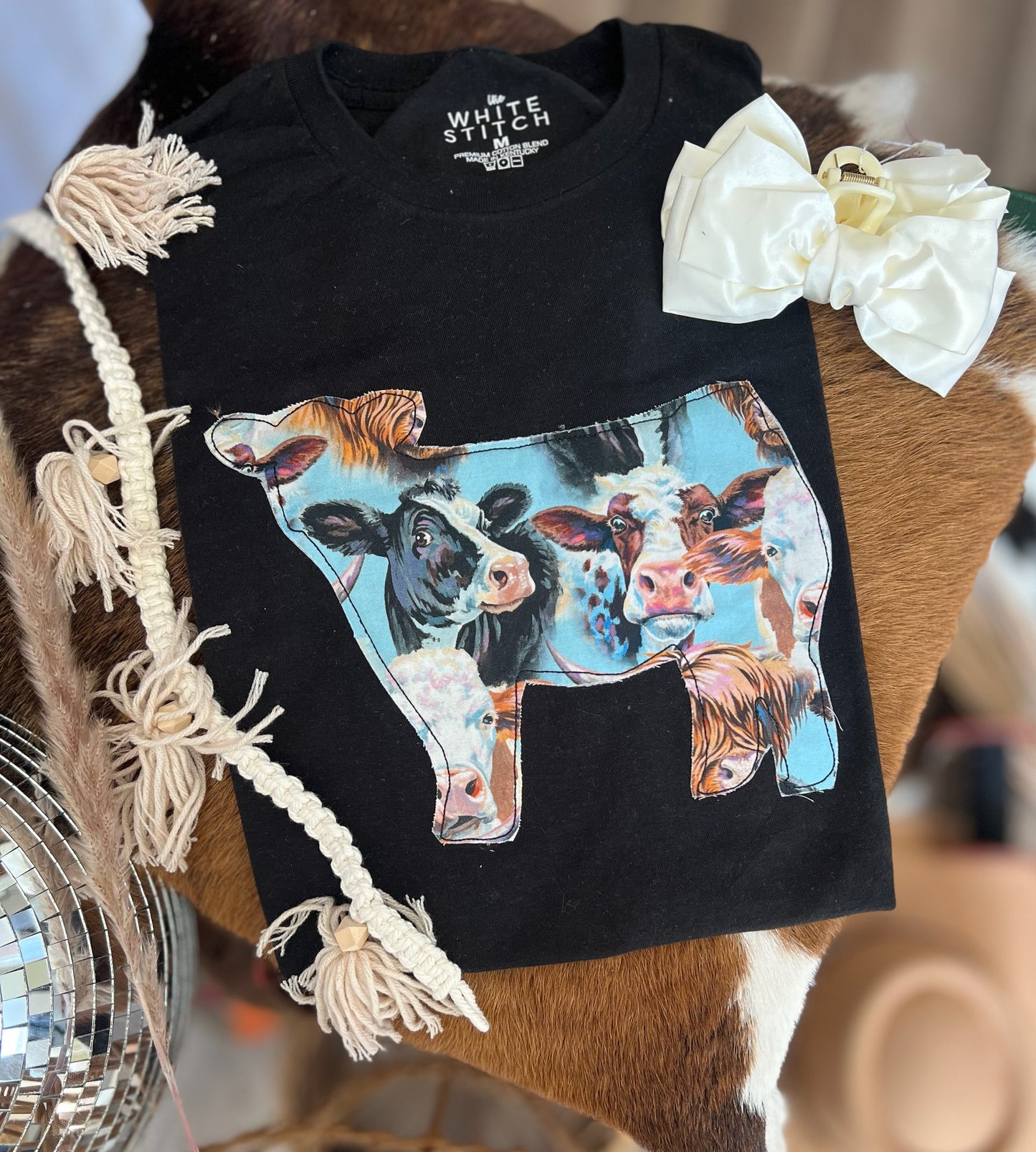 Cow Chasing| Handmade Applique Tee | BLACK