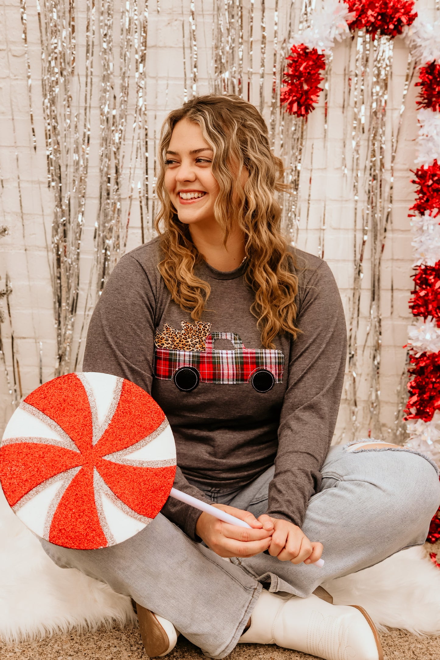 Plaid Christmas Truck Handmade Long Sleeve Tee