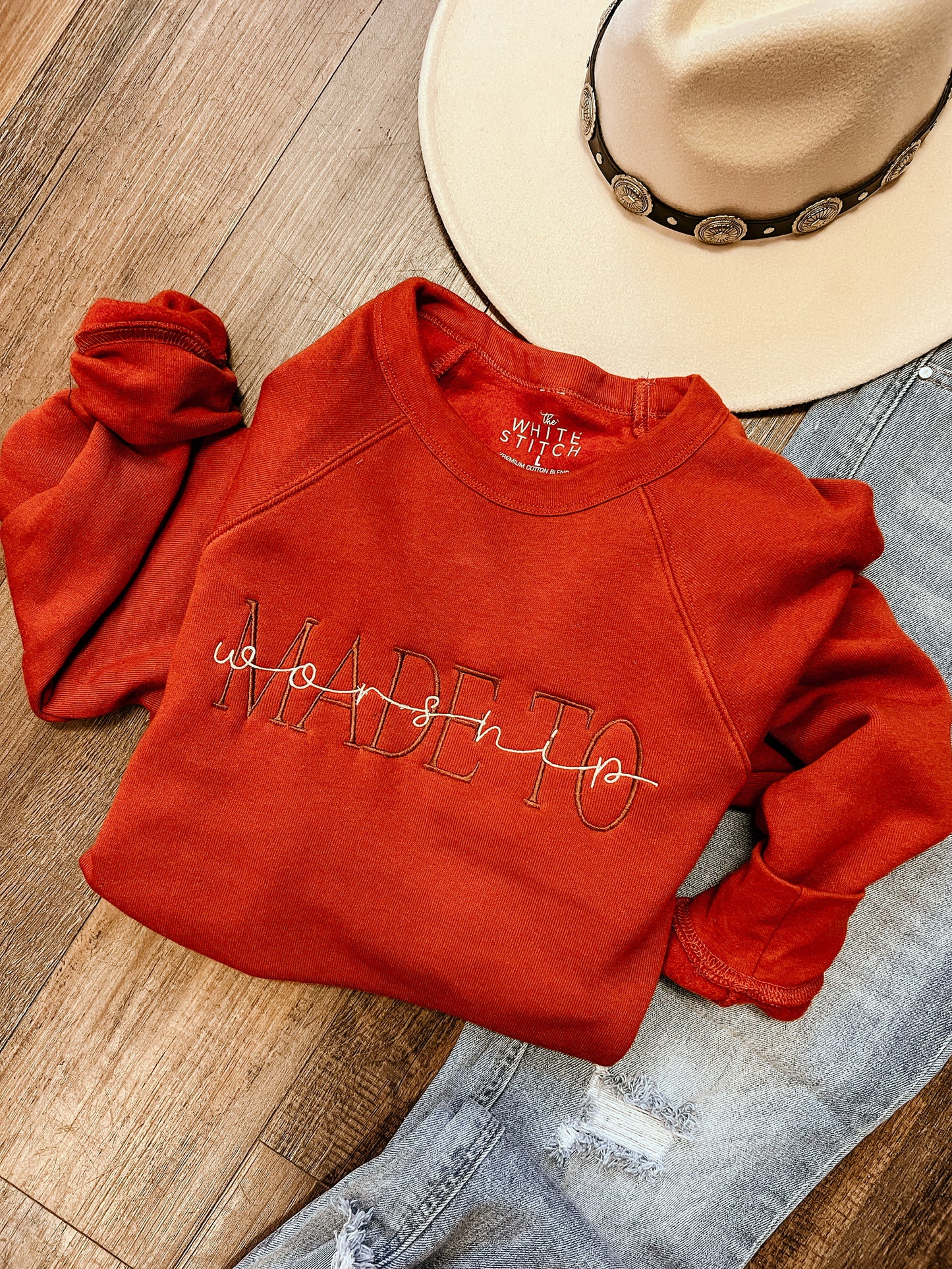 Made To Worship | Handmade Sweatshirt | Rust Red