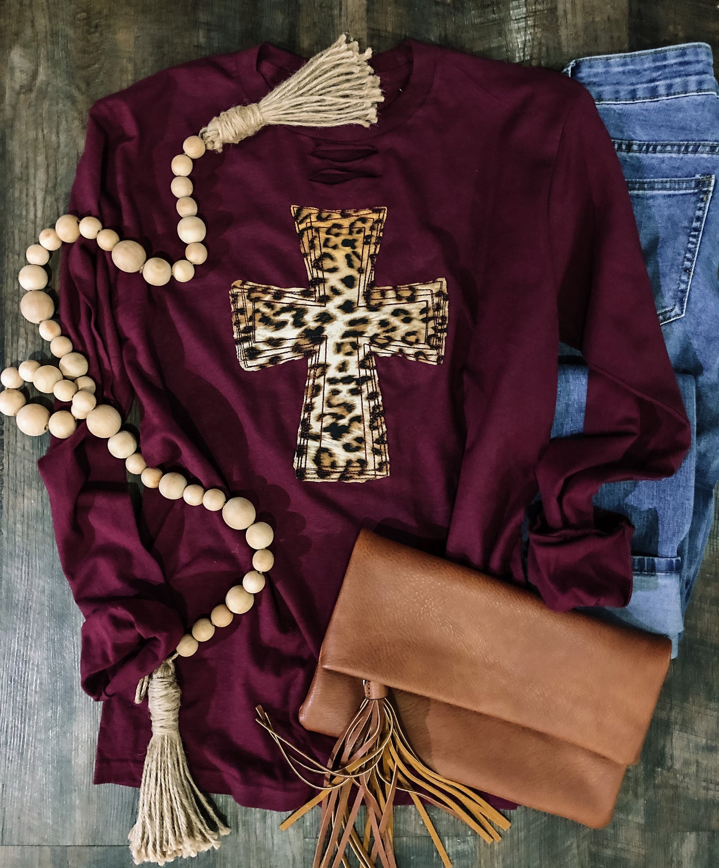 Maroon Leopard Cross Long Sleeve Tee
