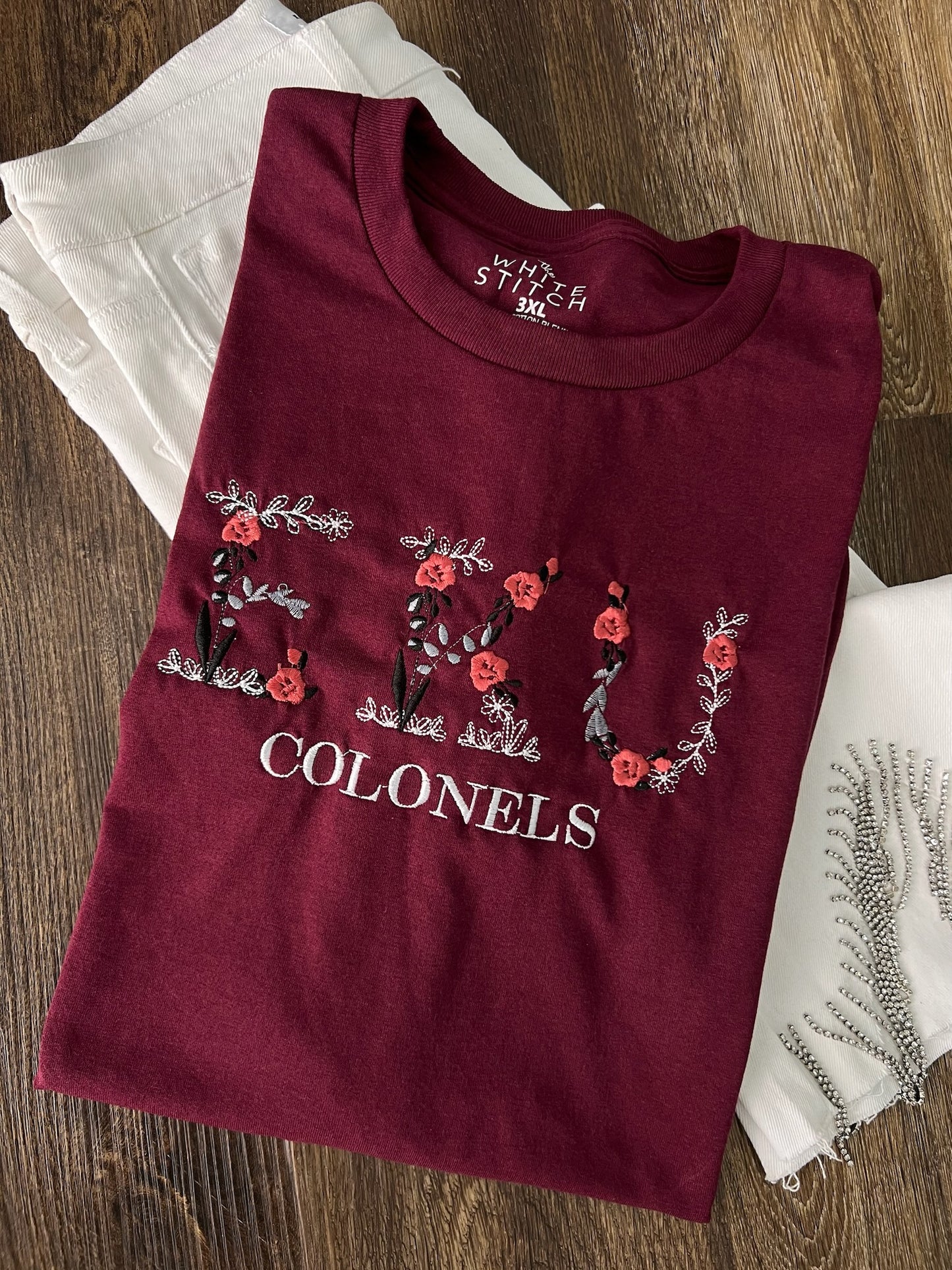 Floral Embroidered School Spirit Handmade Tee | Customizable