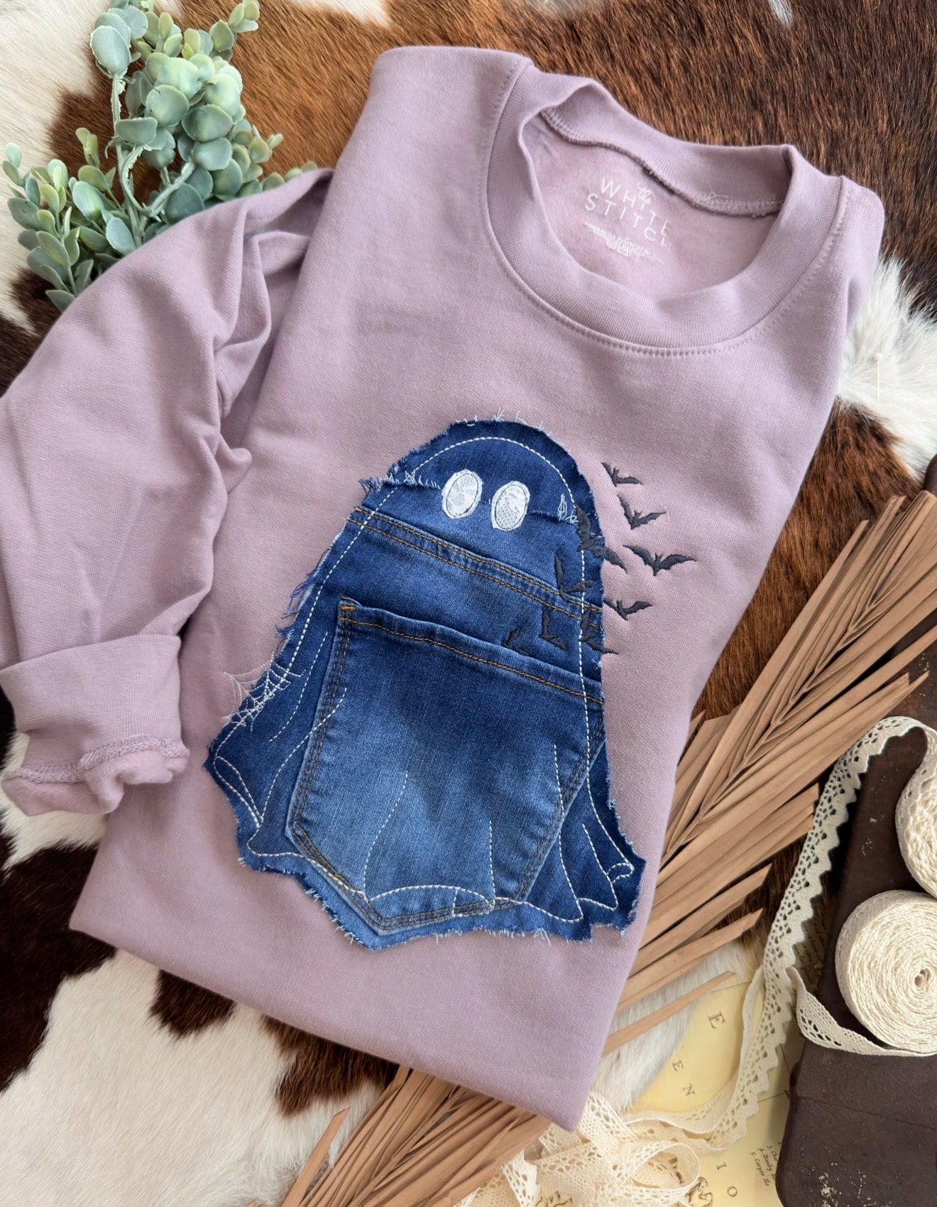 Denim Pocket Upcycled Ghost | Handmade Sweatshirt