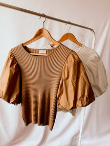 Bubble Sleeve Mixed Top | Taupe