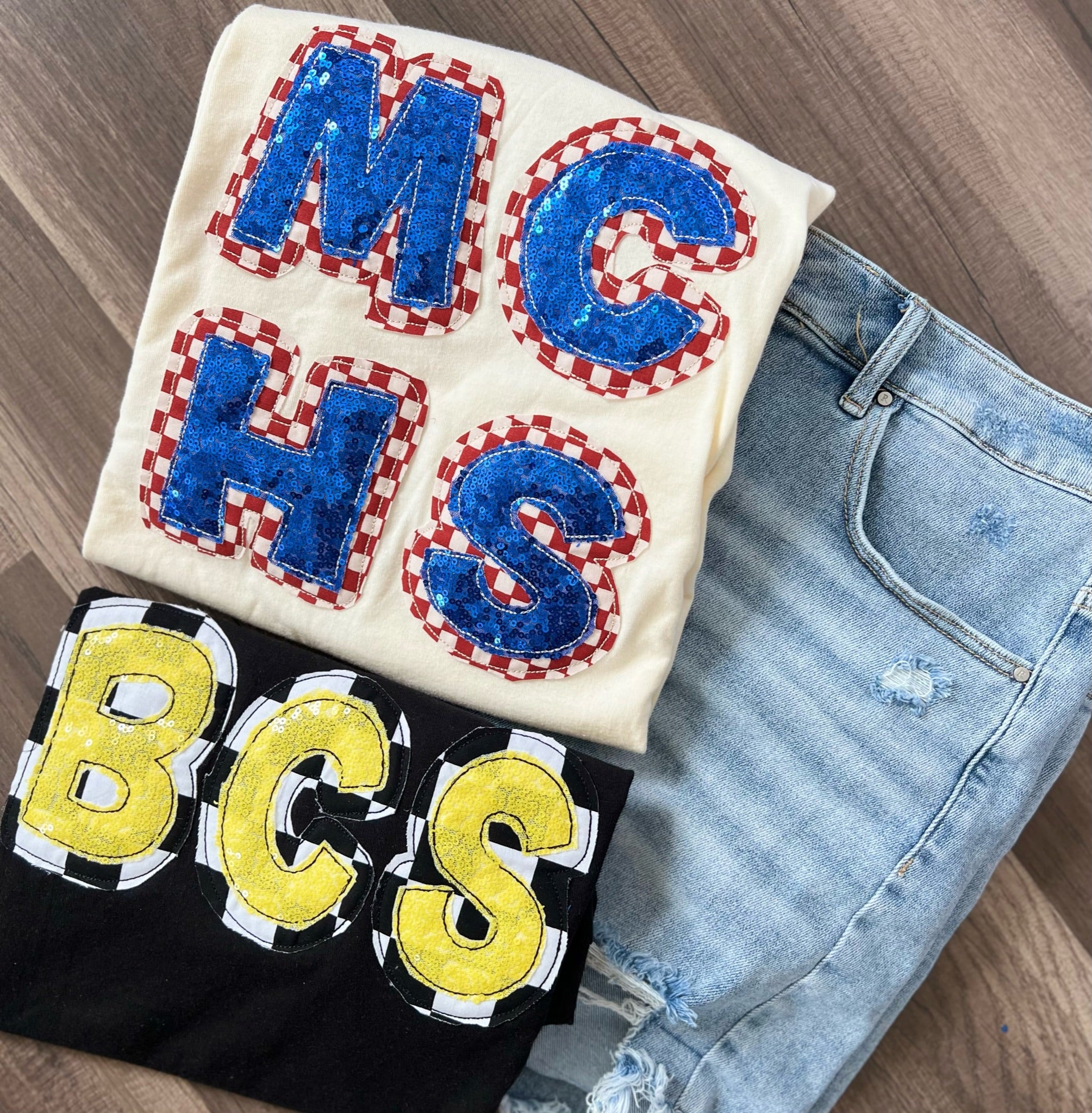 Checkered Stacked School Spirit Handmade Tee | Customizable