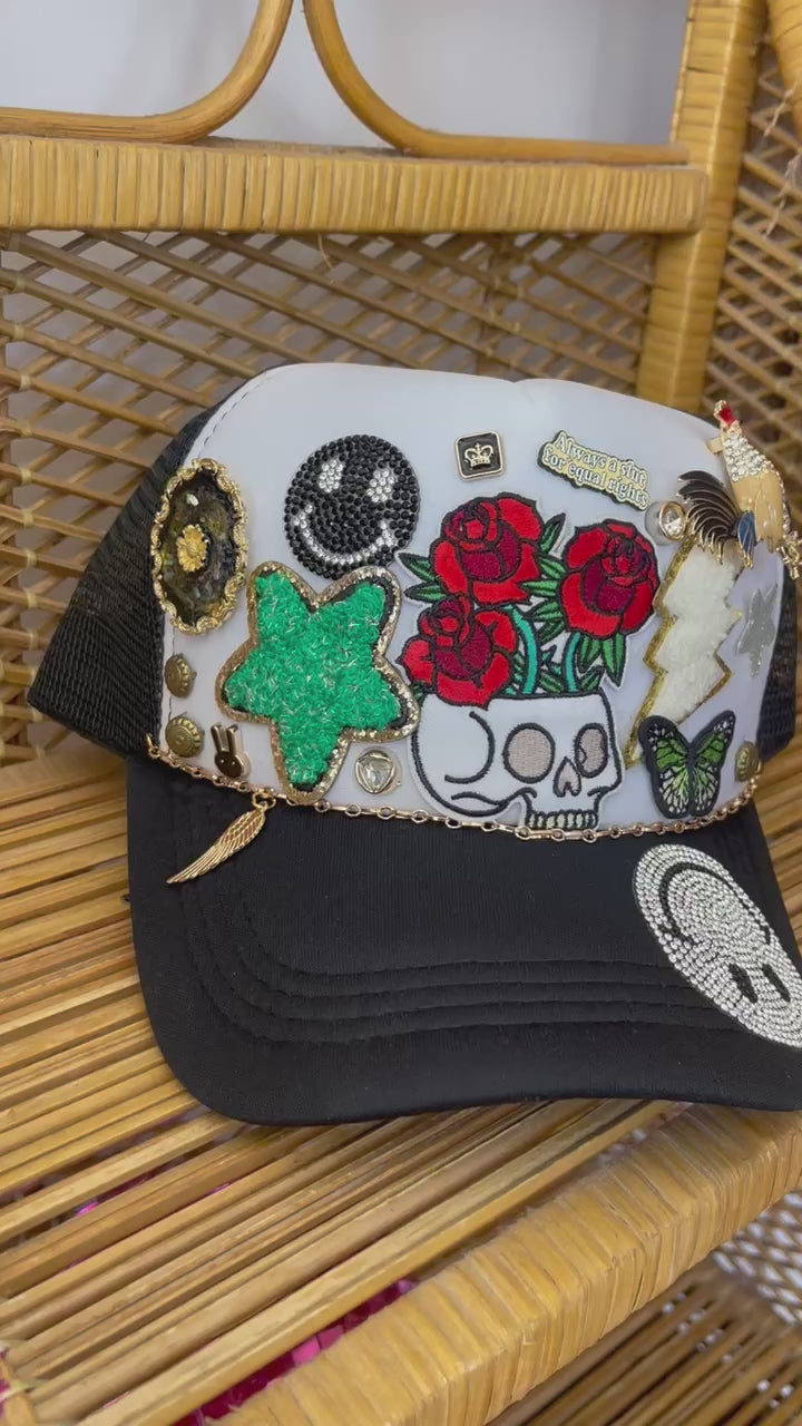 ONE OF A KIND PATCH TRUCKER HAT | Flower Skull