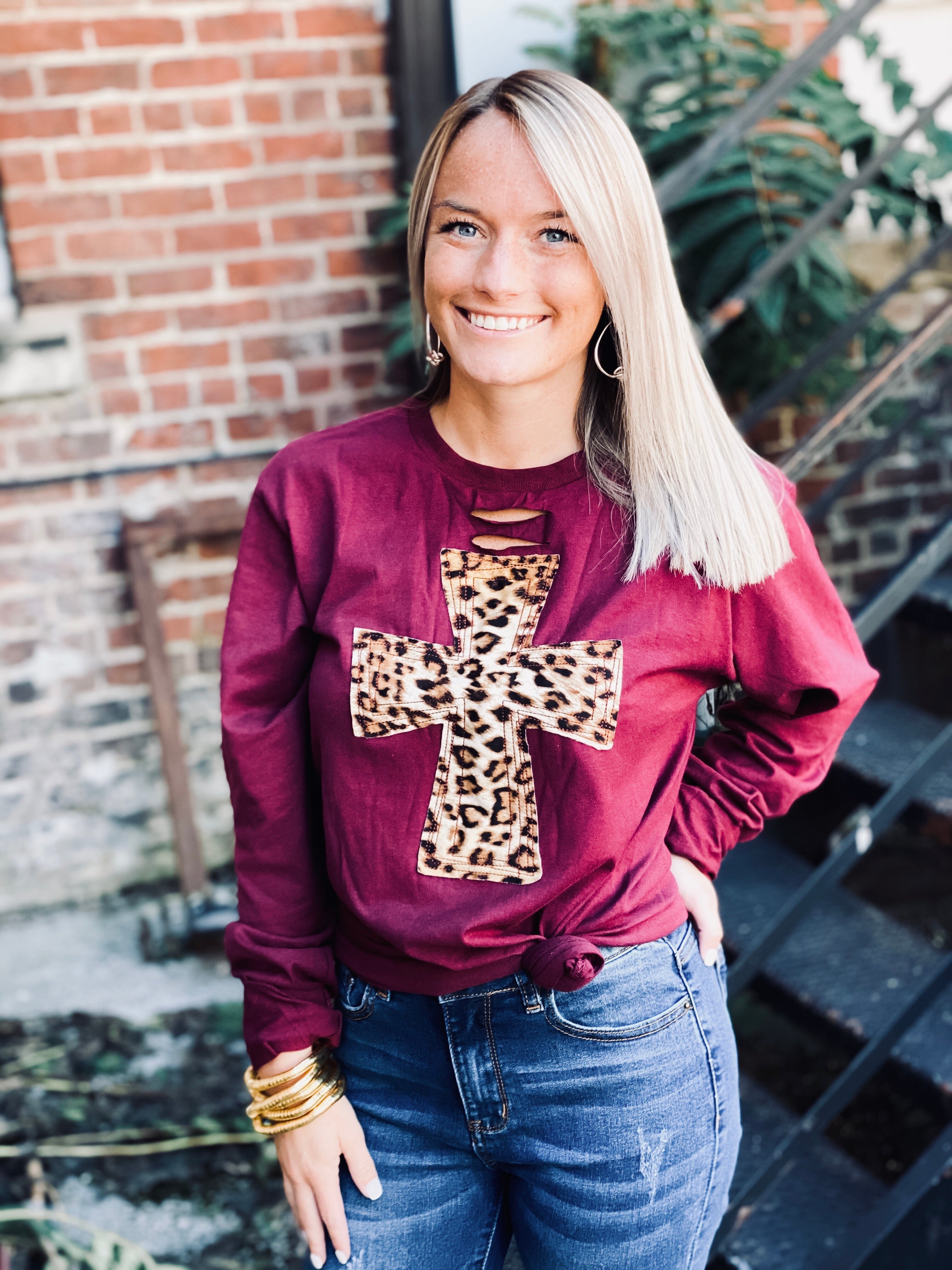 Maroon Leopard Cross Long Sleeve Tee