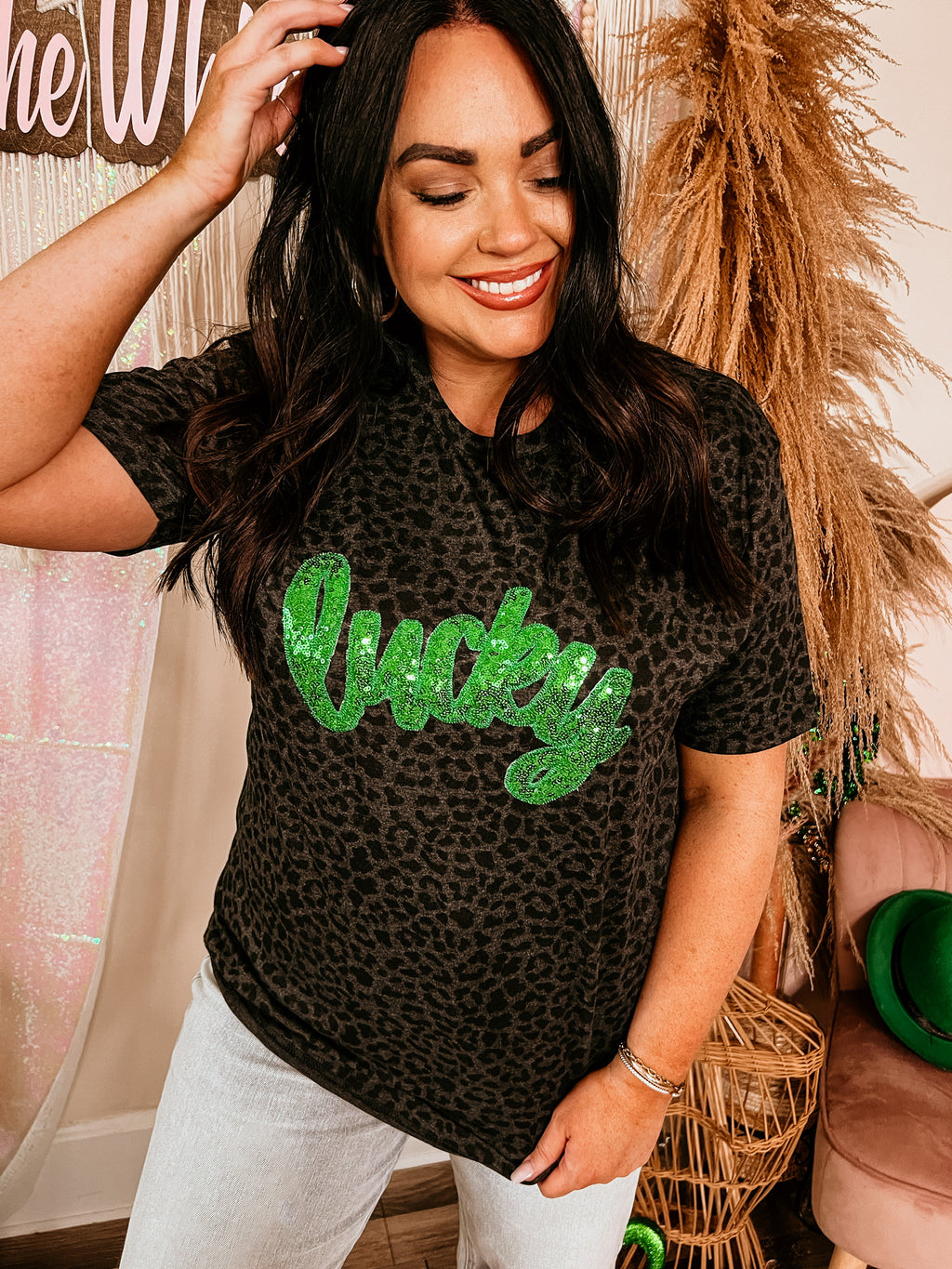 Lucky in Sequins| Black Cheetah Tee