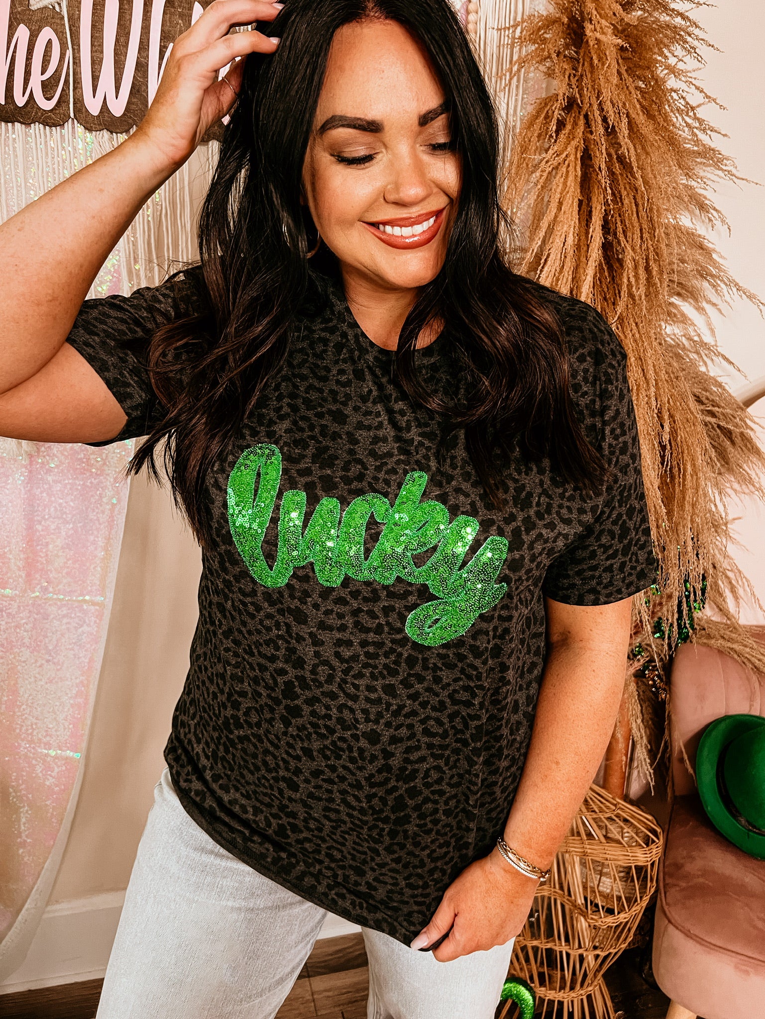 Lucky in Sequins| Black Cheetah Tee