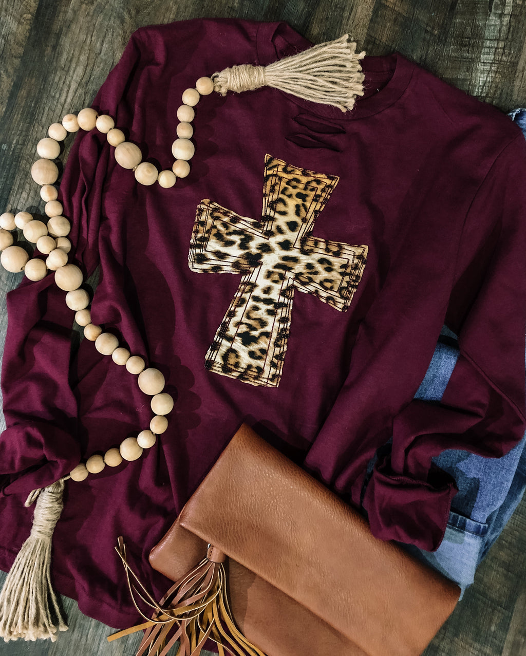 Maroon Leopard Cross Long Sleeve Tee